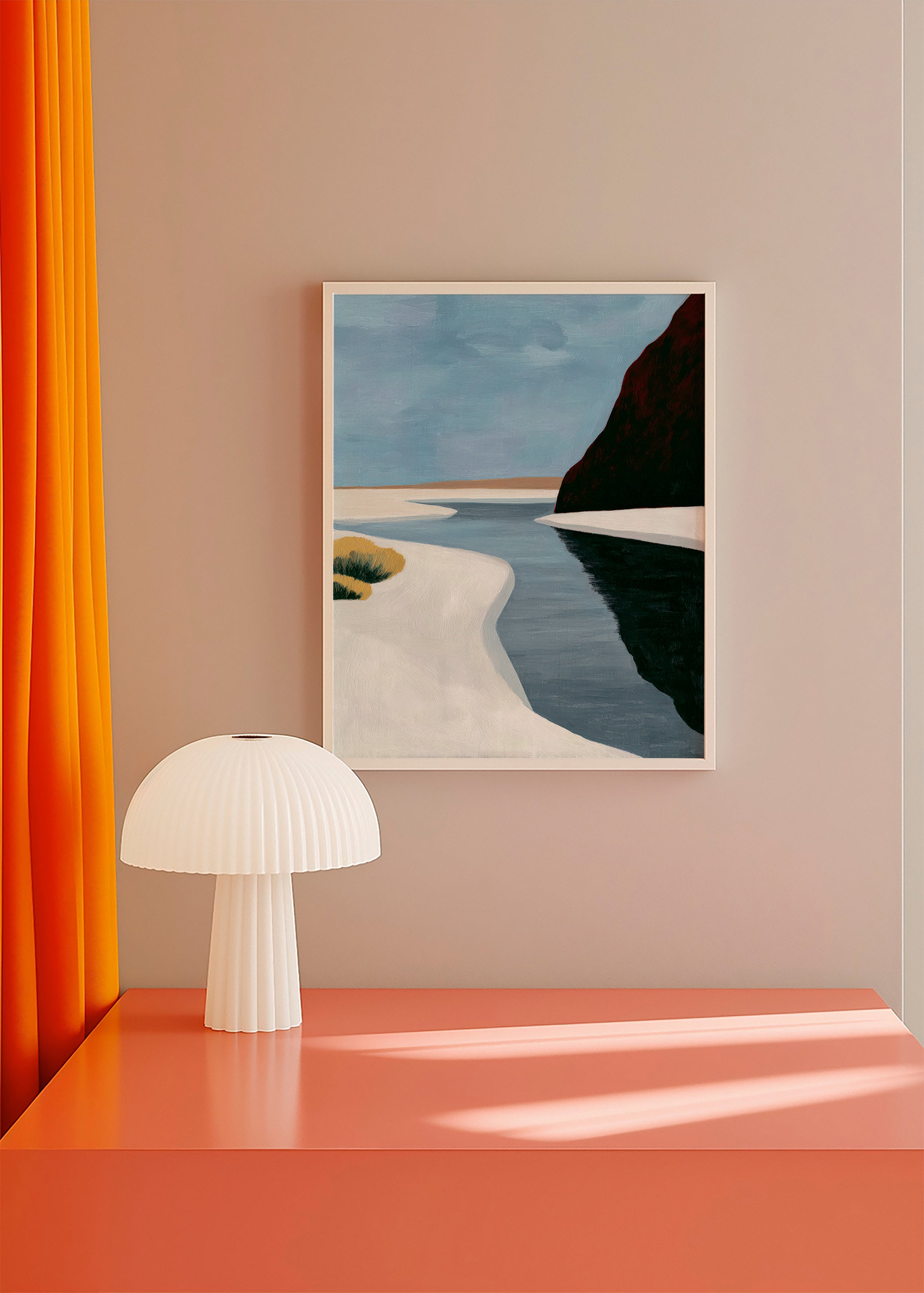 Art de paysage: estuaire minimaliste avec falaise sombre
