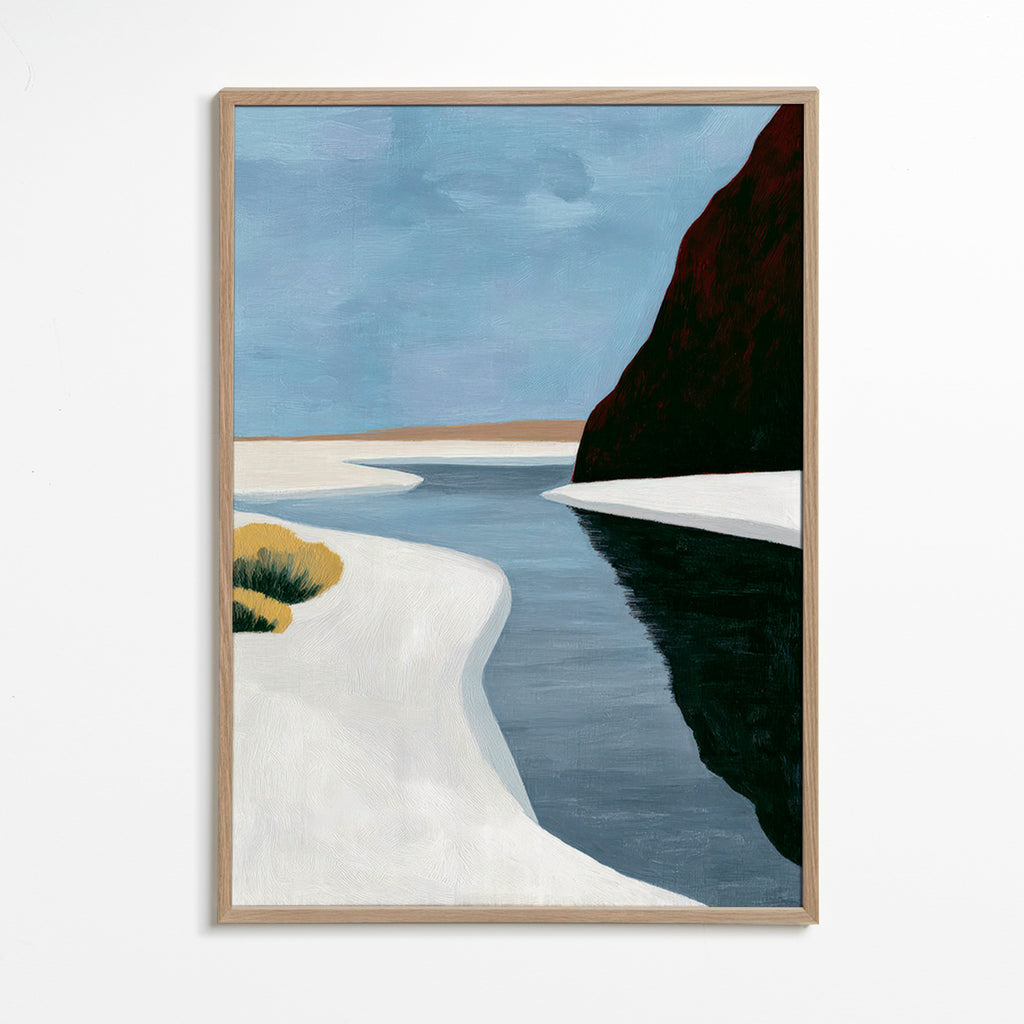 Art de paysage: estuaire minimaliste avec falaise sombre