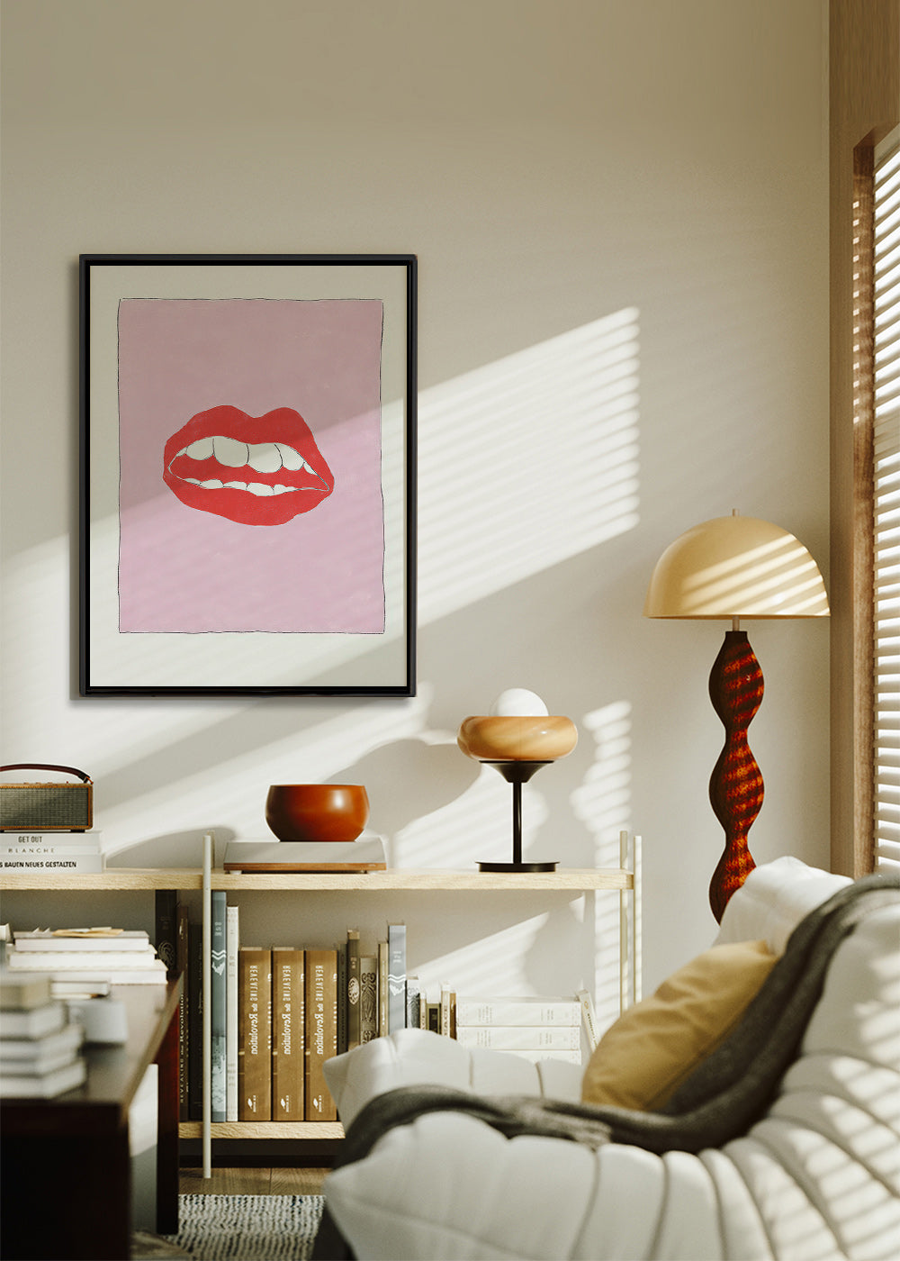 Illustration lèvres rouges sur fond rose