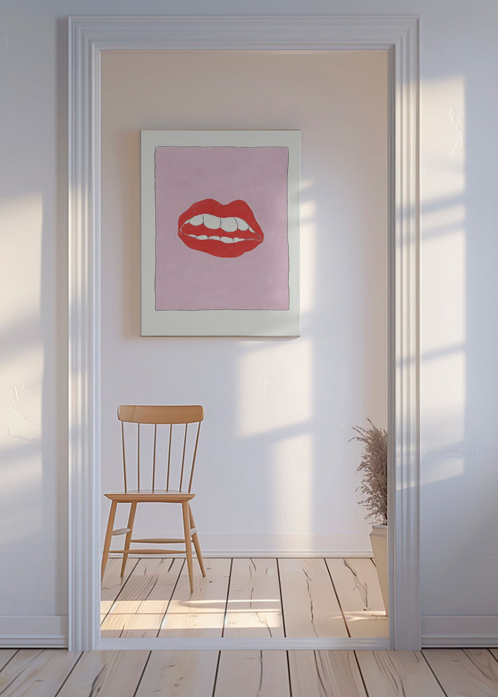 Illustration lèvres rouges sur fond rose