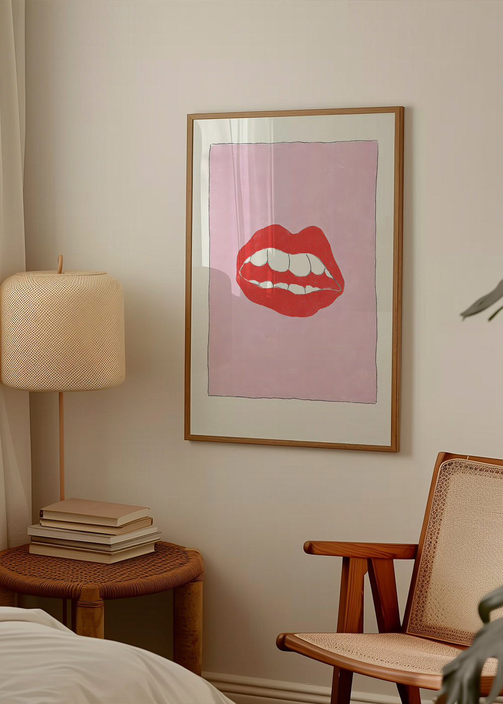 Illustration lèvres rouges sur fond rose