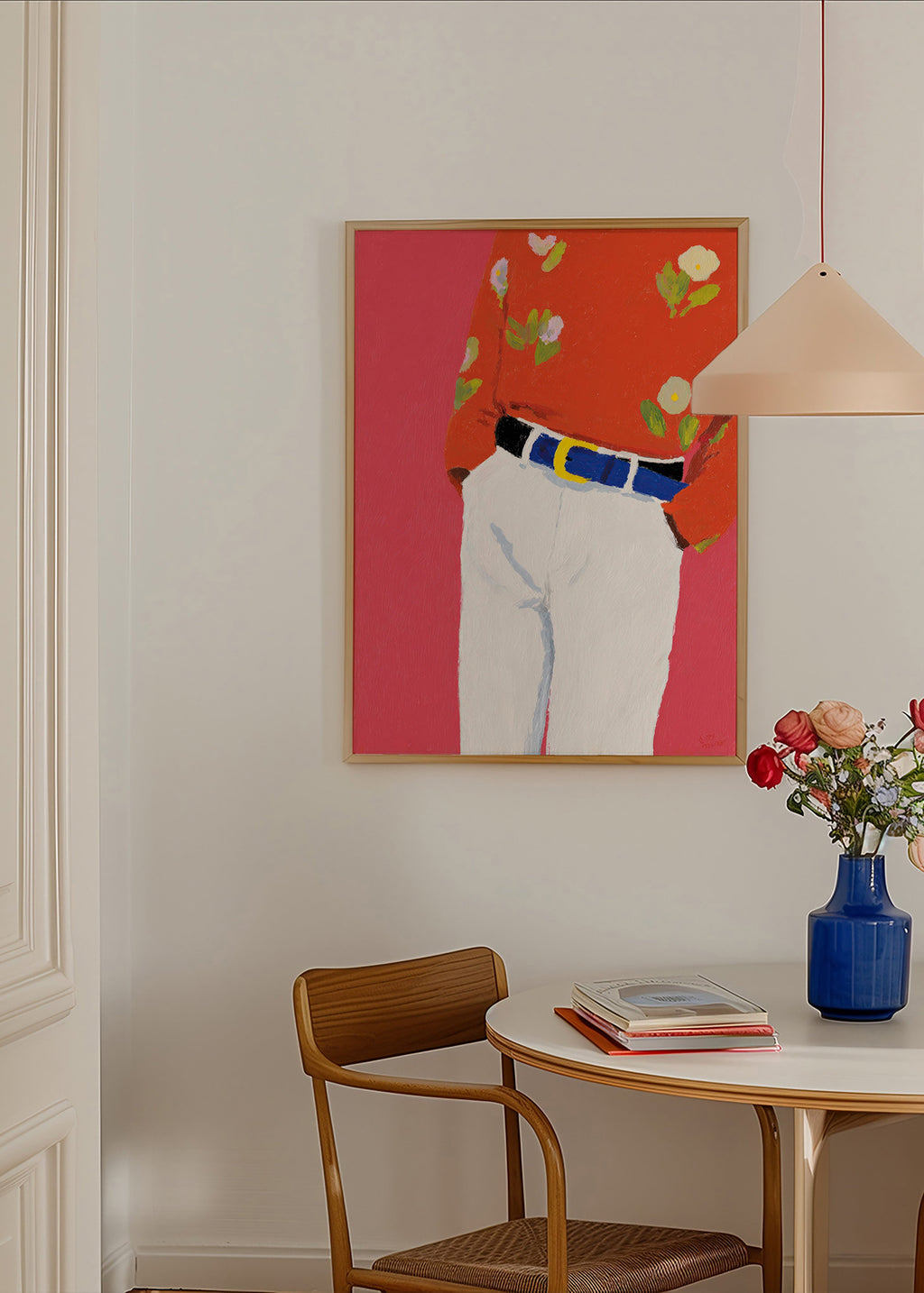 Illustration buste avec chemise fleurie sur fond rose