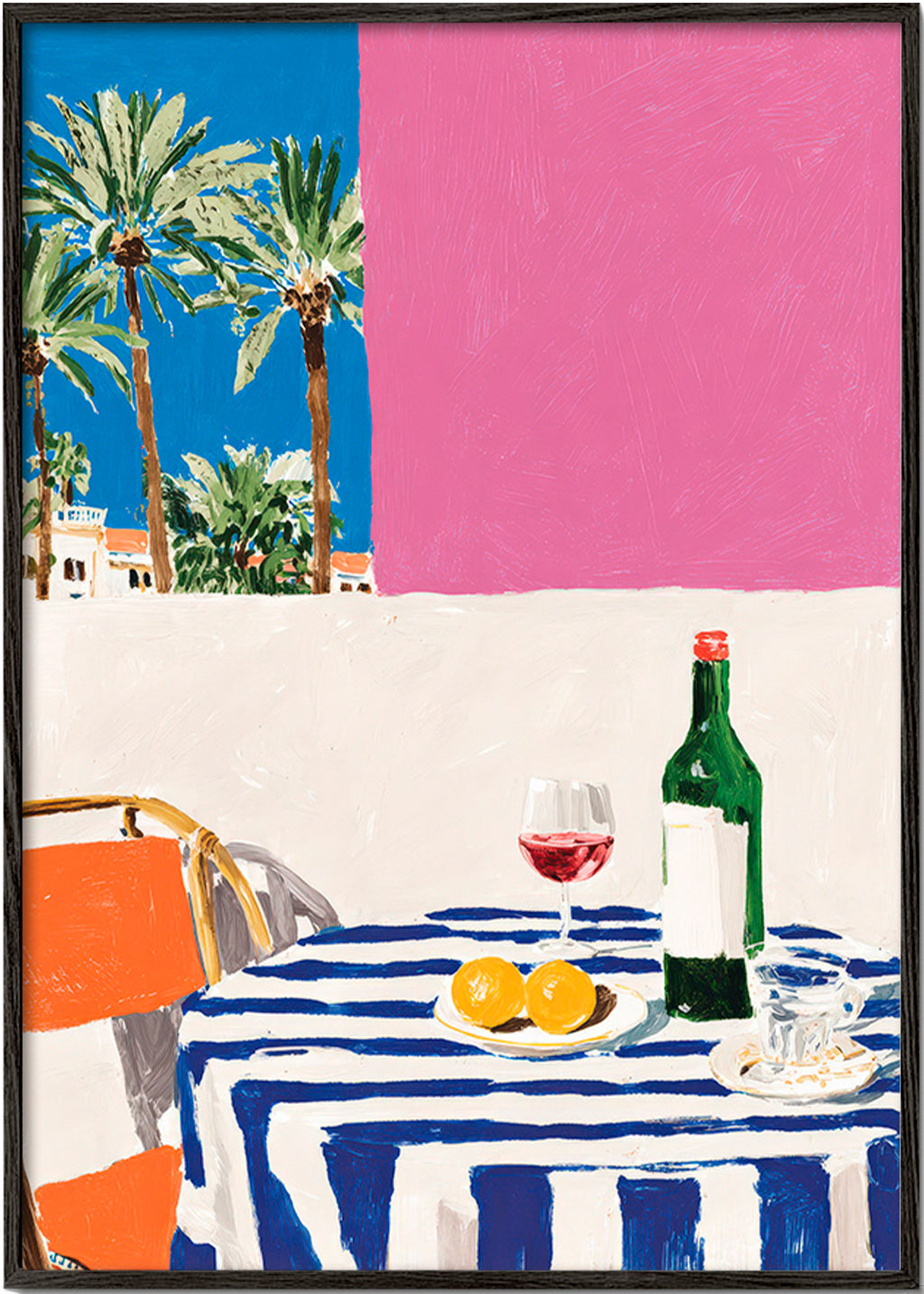 Art de cuisine table rayée, vin et palmiers