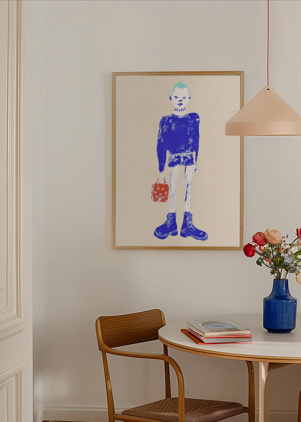 Illustration de figure bleue avec sac