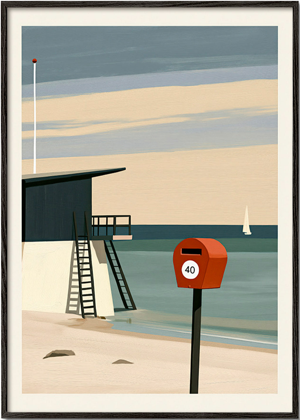 Art de paysage avec poste de surveillance et boîte rouge