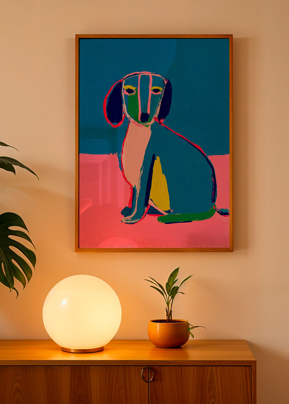 Œuvre d'art chien néon expressive