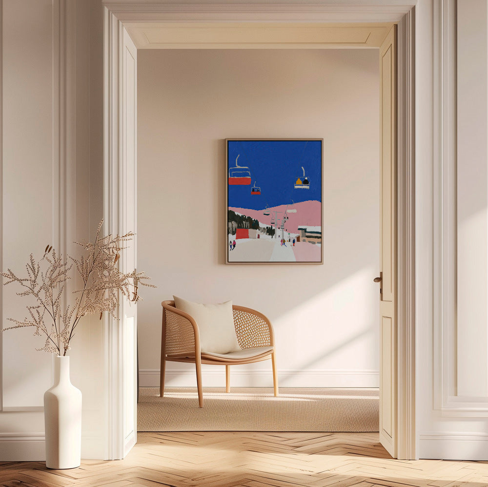 Tableau de paysage avec télécabines et ciel bleu