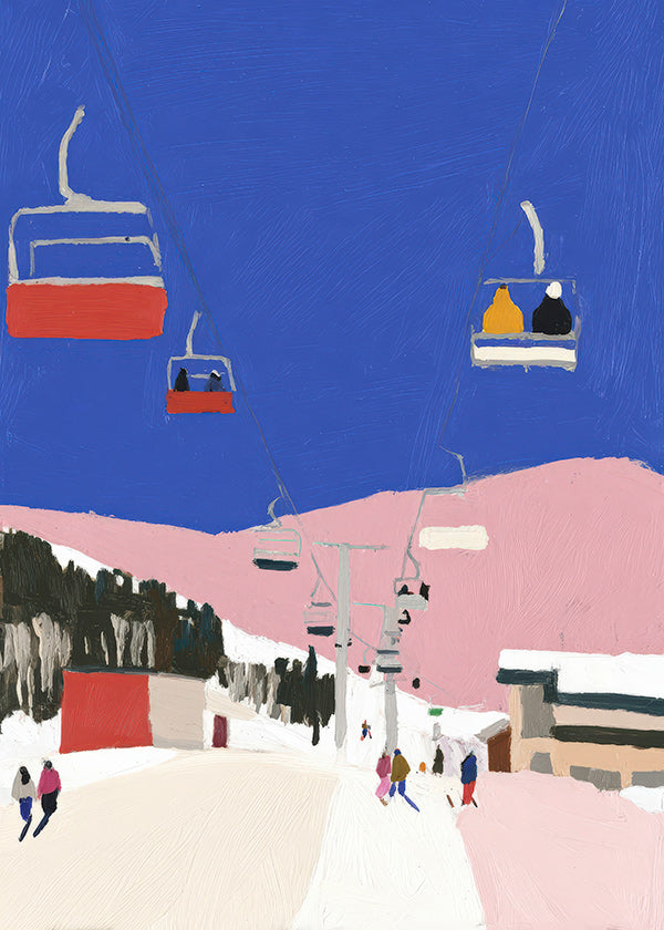 Tableau de paysage avec télécabines et ciel bleu