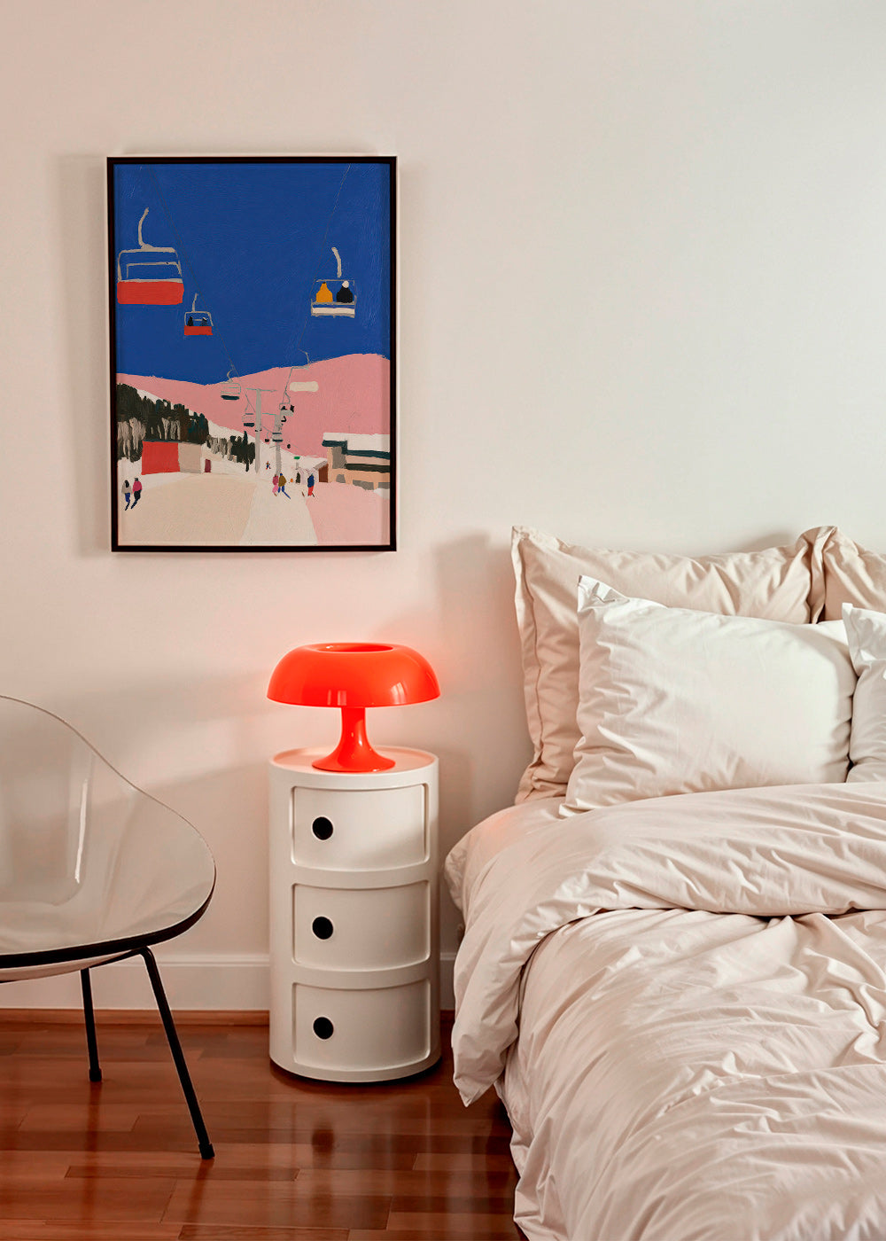 Tableau de paysage avec télécabines et ciel bleu