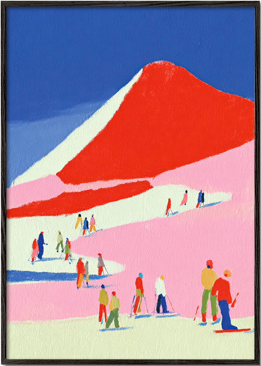 Tableau de paysage: montagne rouge et skieurs