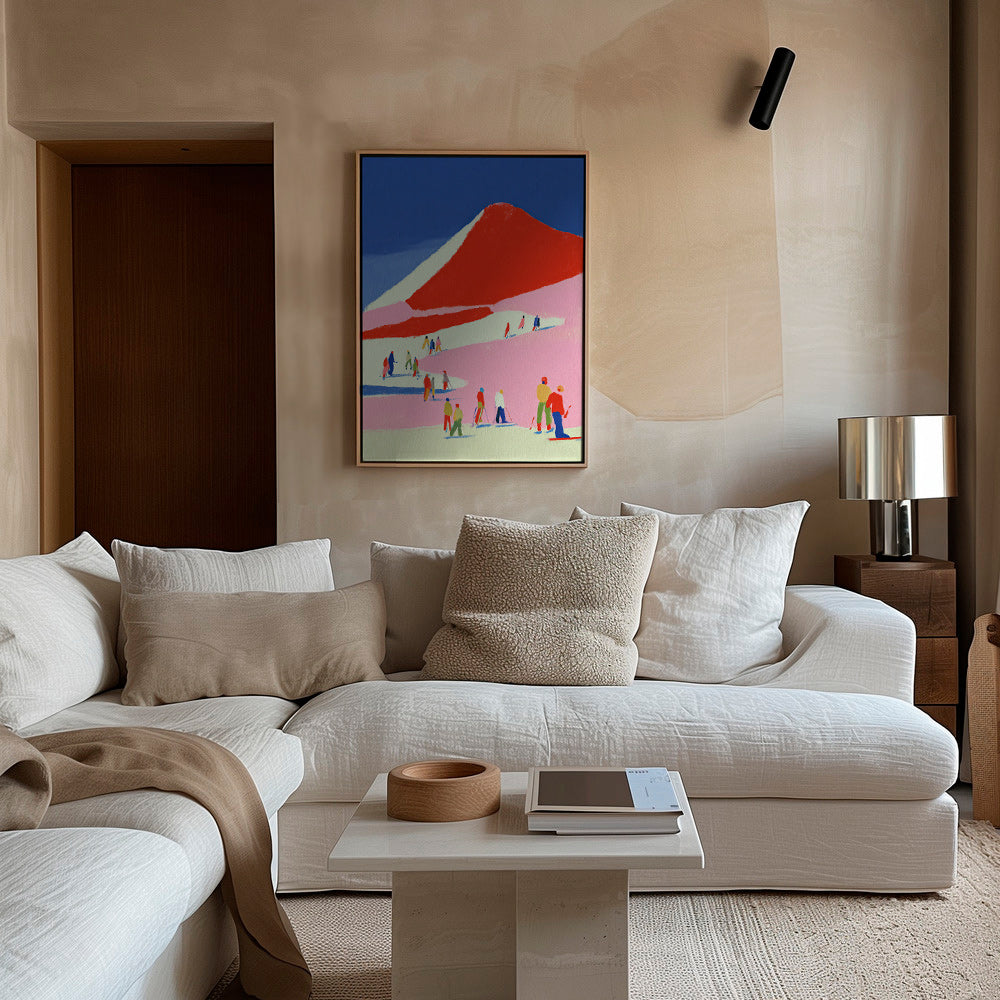 Tableau de paysage: montagne rouge et skieurs