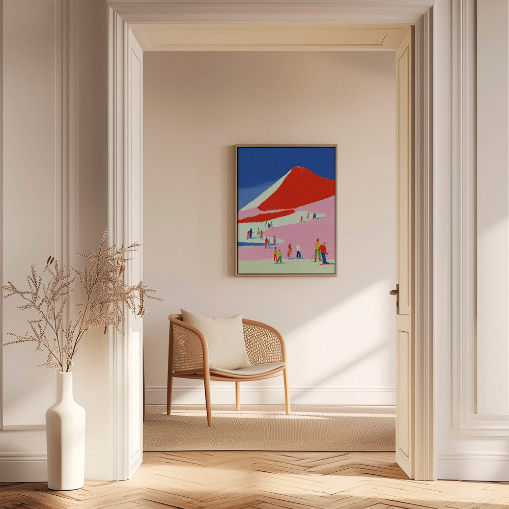 Tableau de paysage: montagne rouge et skieurs