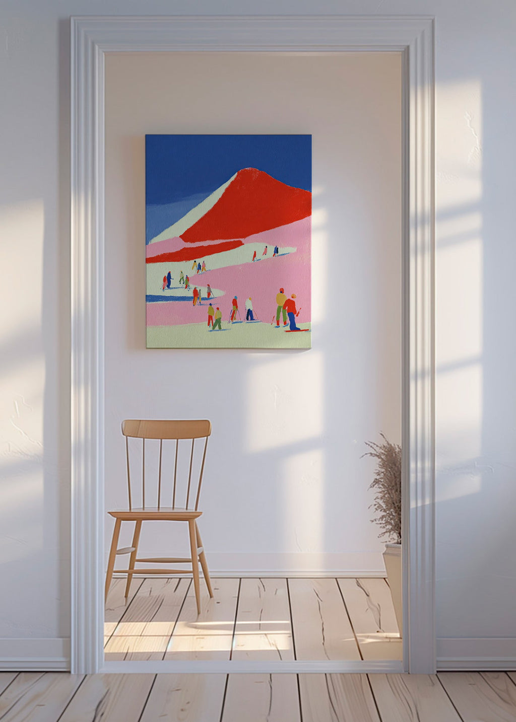 Tableau de paysage: montagne rouge et skieurs