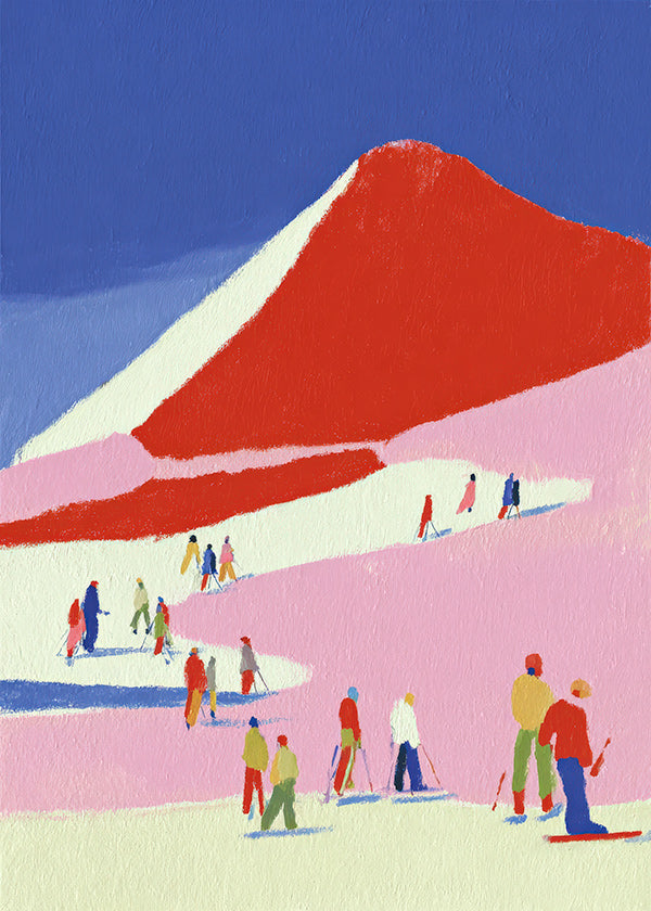 Tableau de paysage: montagne rouge et skieurs