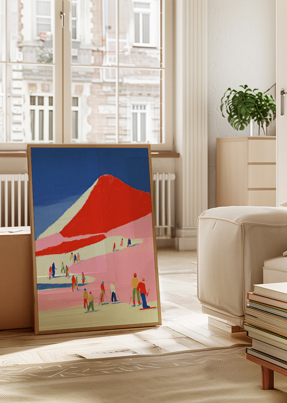 Tableau de paysage: montagne rouge et skieurs