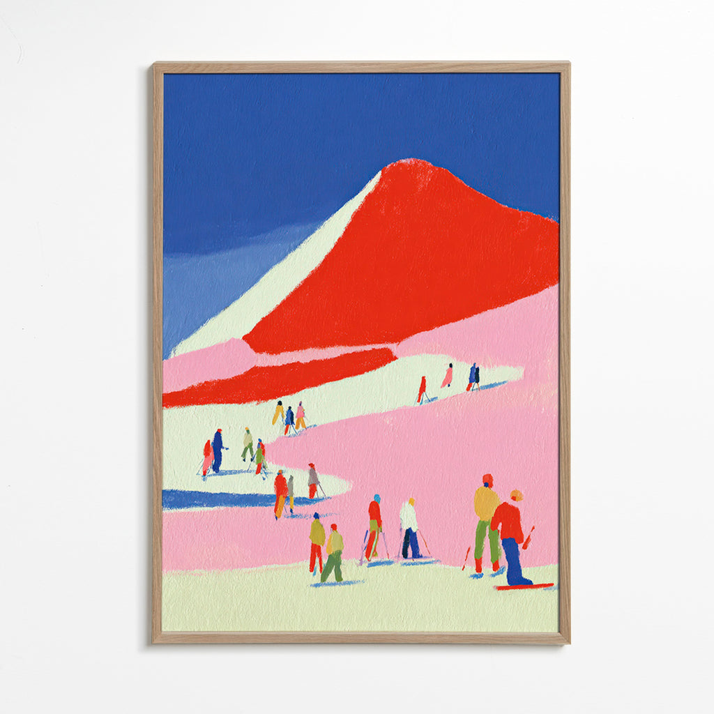 Tableau de paysage: montagne rouge et skieurs