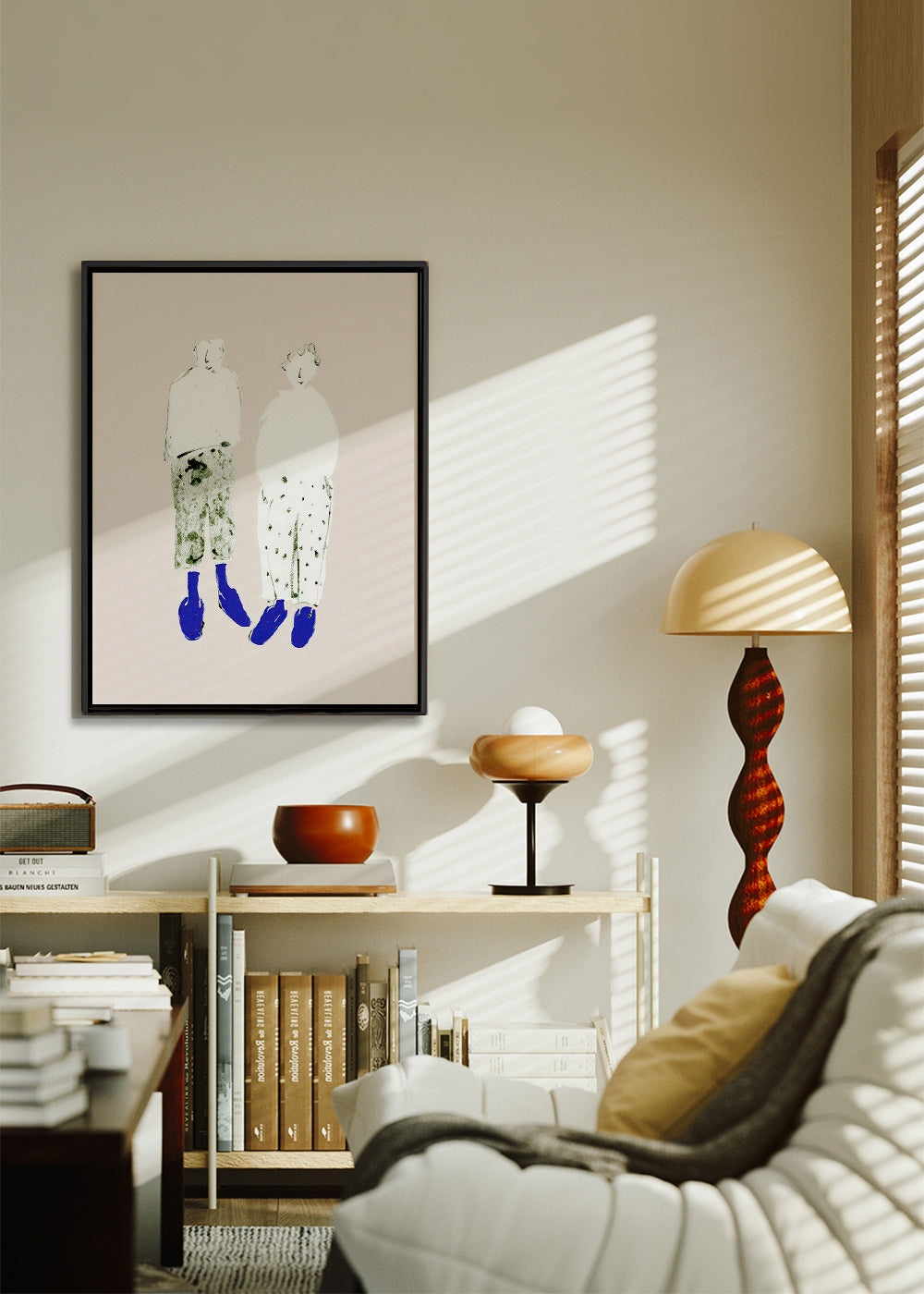 Illustration minimaliste de couple aux bottes bleues