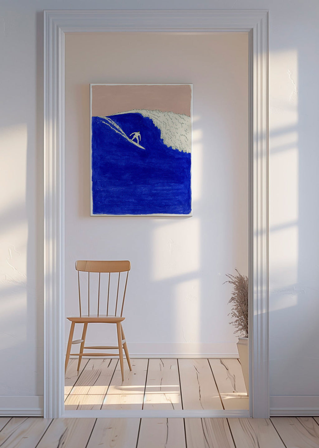 Art de sport : surfeur sur une vague bleue intense