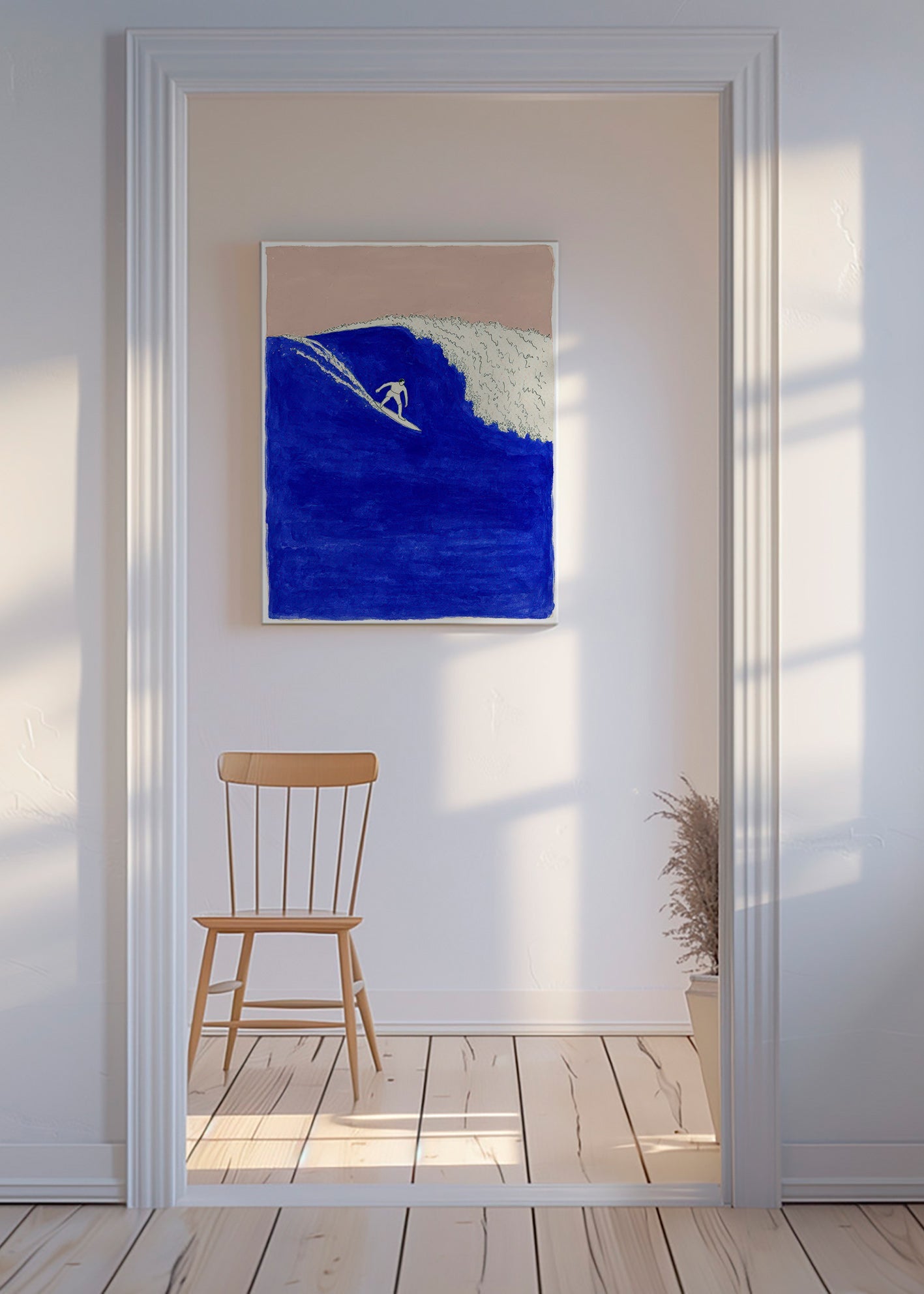 Art de sport : surfeur sur une vague bleue intense