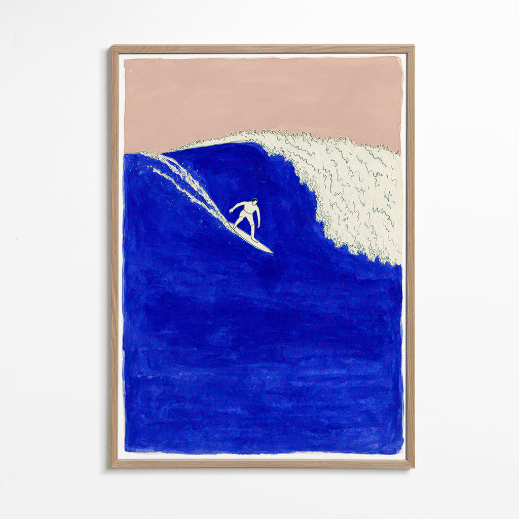 Art de sport : surfeur sur une vague bleue intense