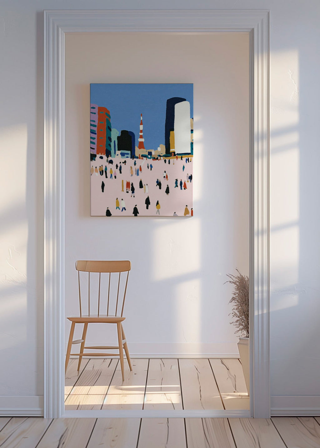 Tableau de ville avec foule stylisée