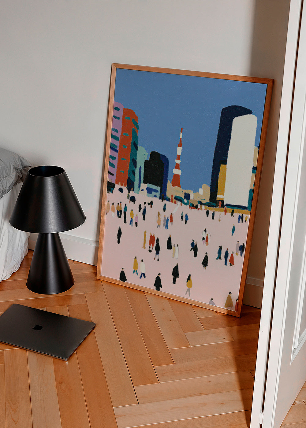 Tableau de ville avec foule stylisée