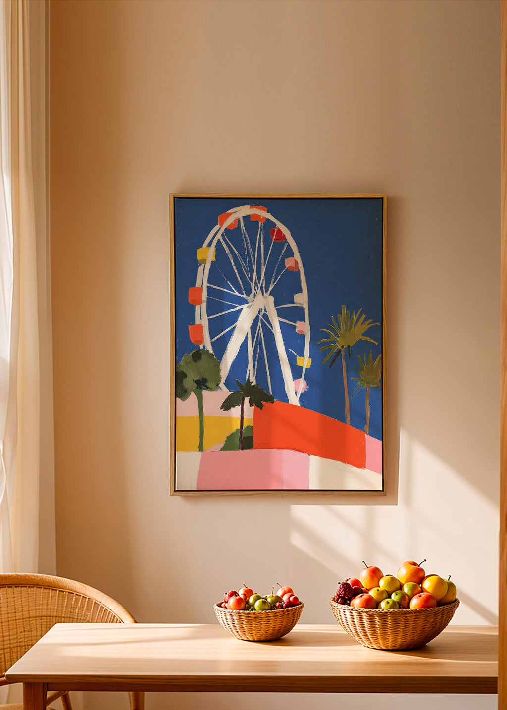 Affiche de ville avec grande roue colorée