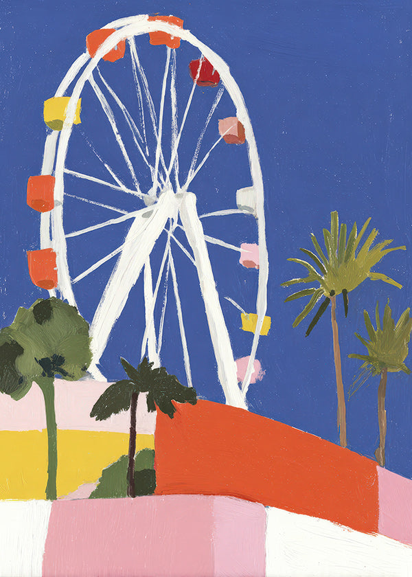 Affiche de ville avec grande roue colorée