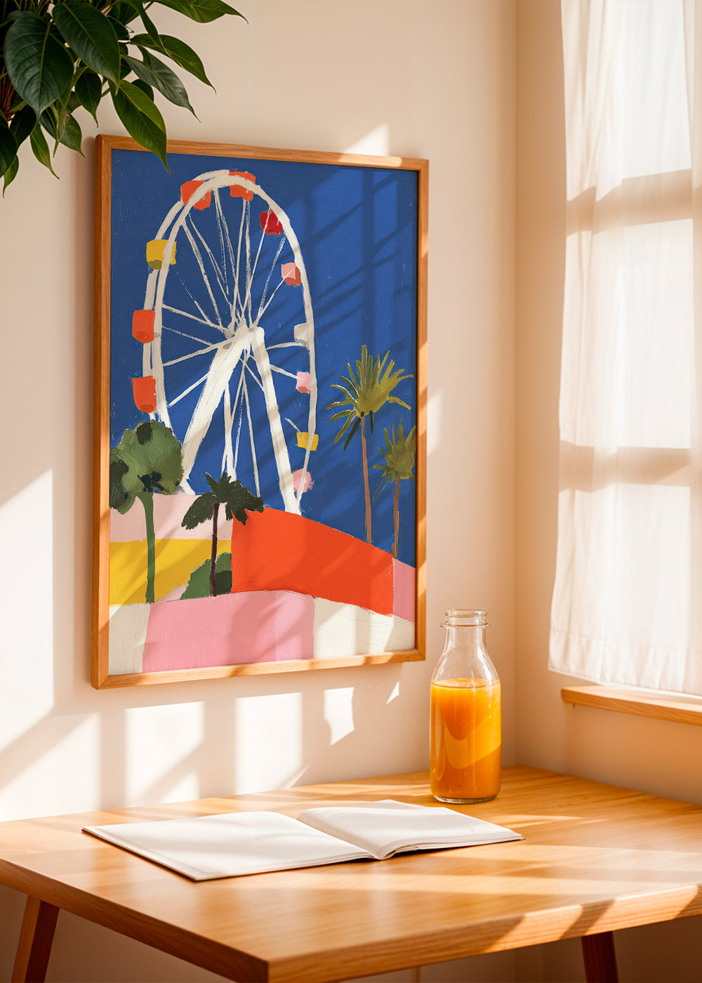 Affiche de ville avec grande roue colorée