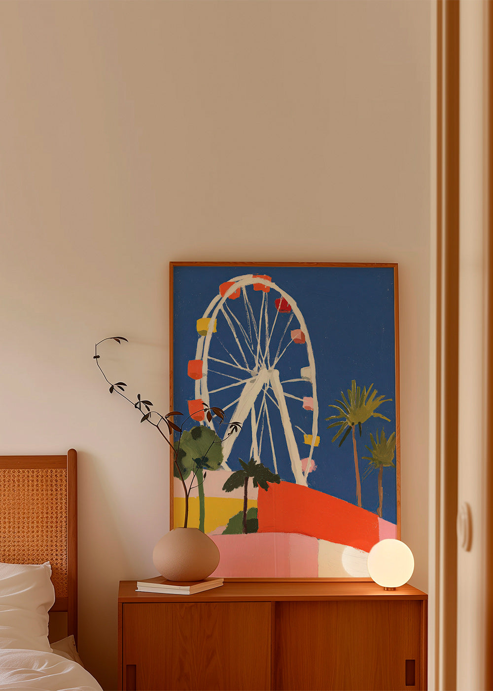Affiche de ville avec grande roue colorée