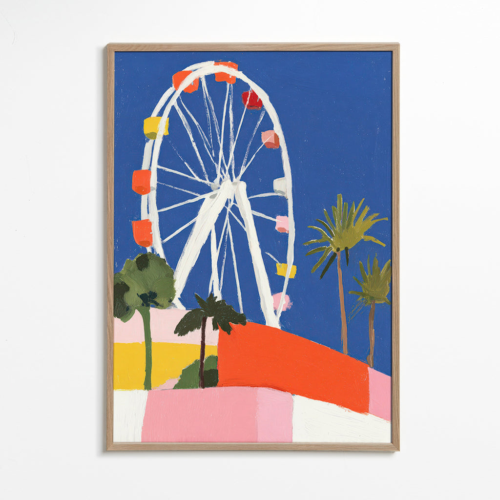 Affiche de ville avec grande roue colorée