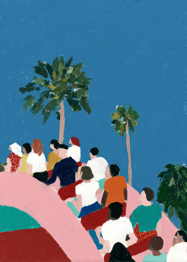 Illustration de foule sur une attraction avec palmiers