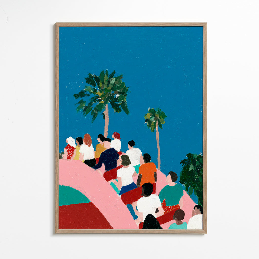 Illustration de foule sur une attraction avec palmiers