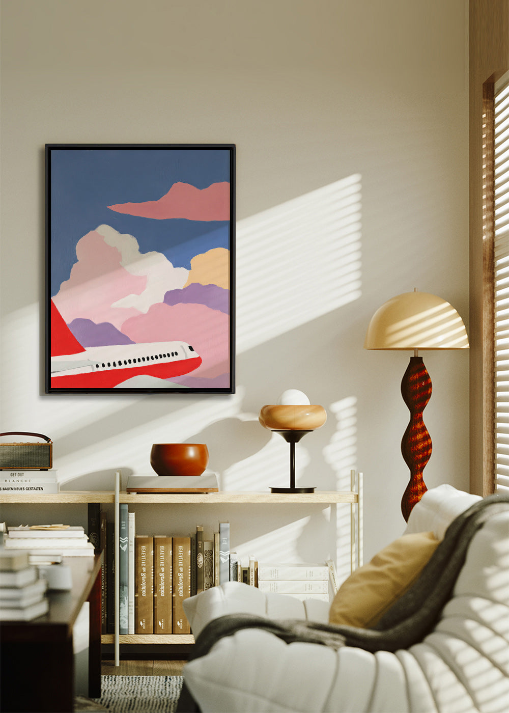 Illustration d'avion sur nuages roses