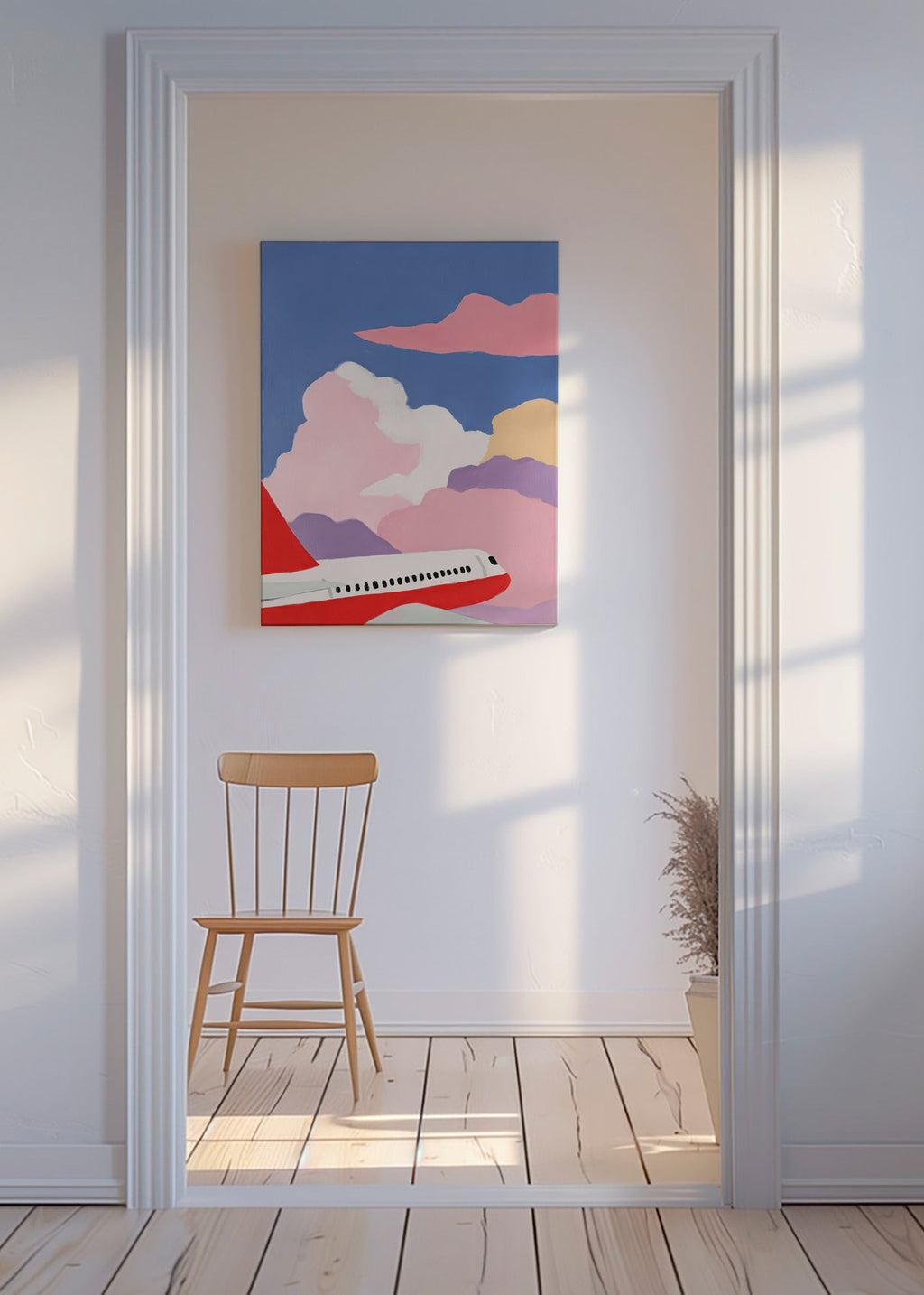 Illustration d'avion sur nuages roses