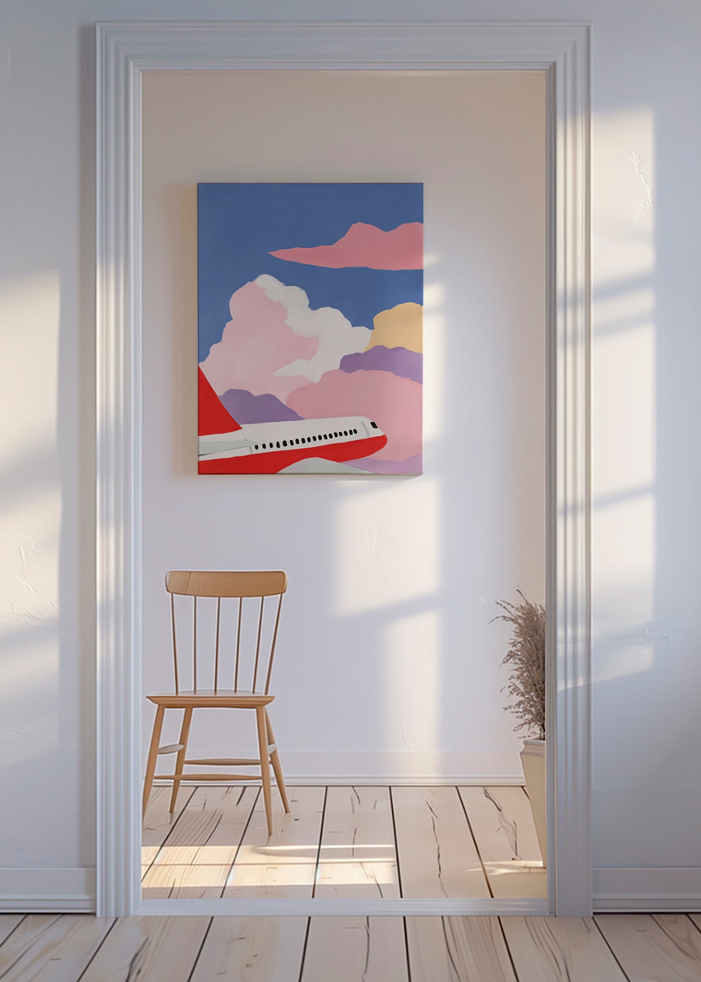Illustration d'avion sur nuages roses