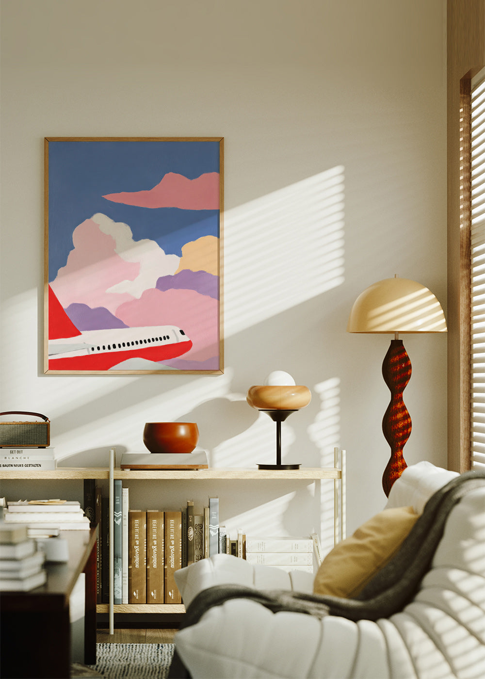 Illustration d'avion sur nuages roses