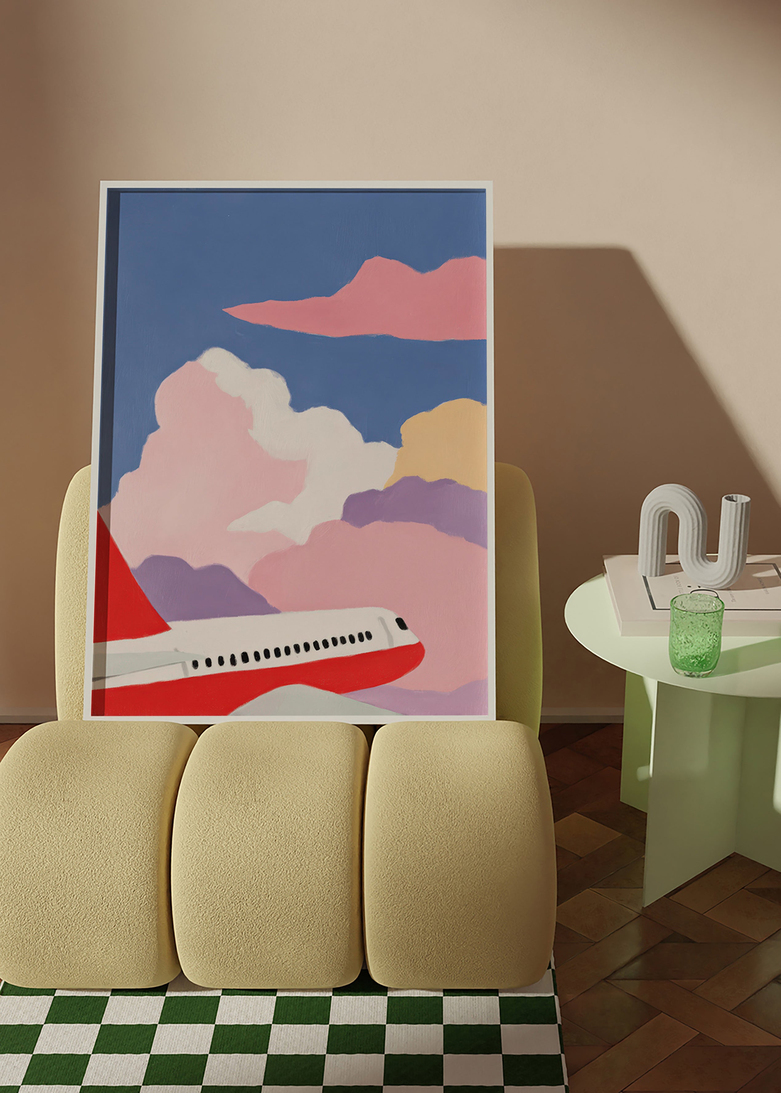Illustration d'avion sur nuages roses