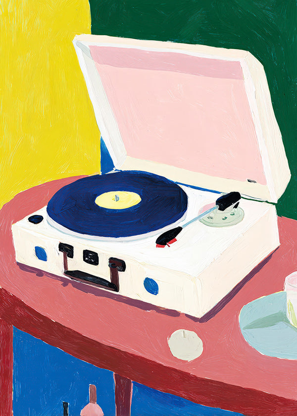 Illustration : tourne-disque rétro sur table