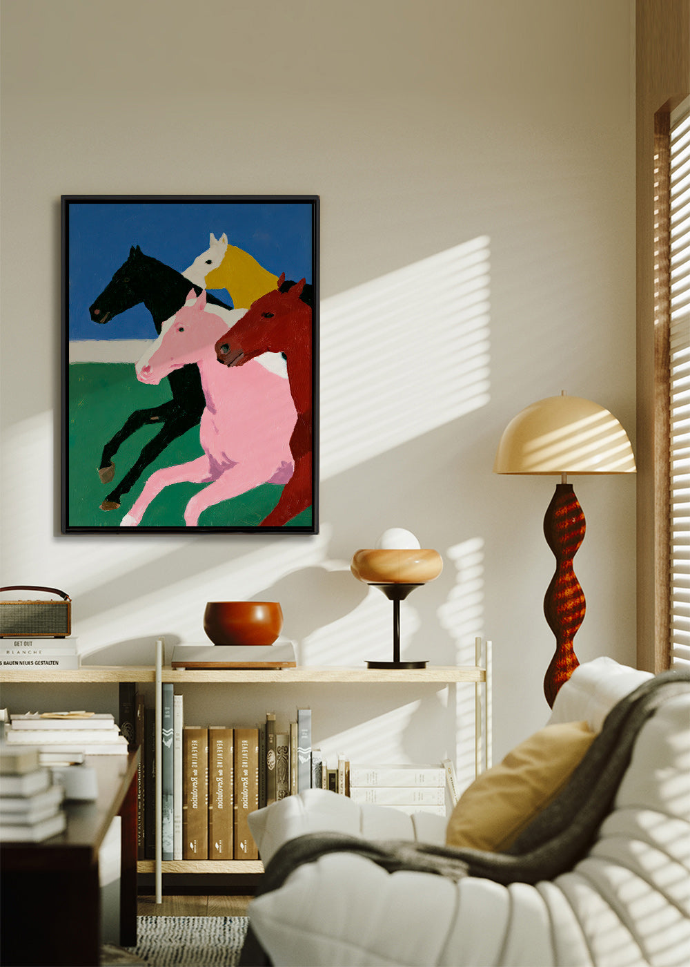 Œuvre quatre chevaux en course aux couleurs planas