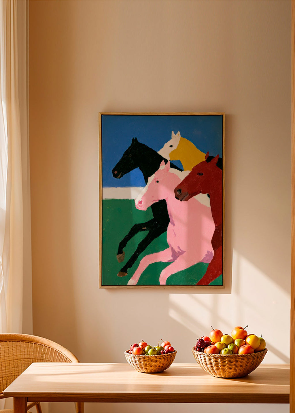 Œuvre quatre chevaux en course aux couleurs planas