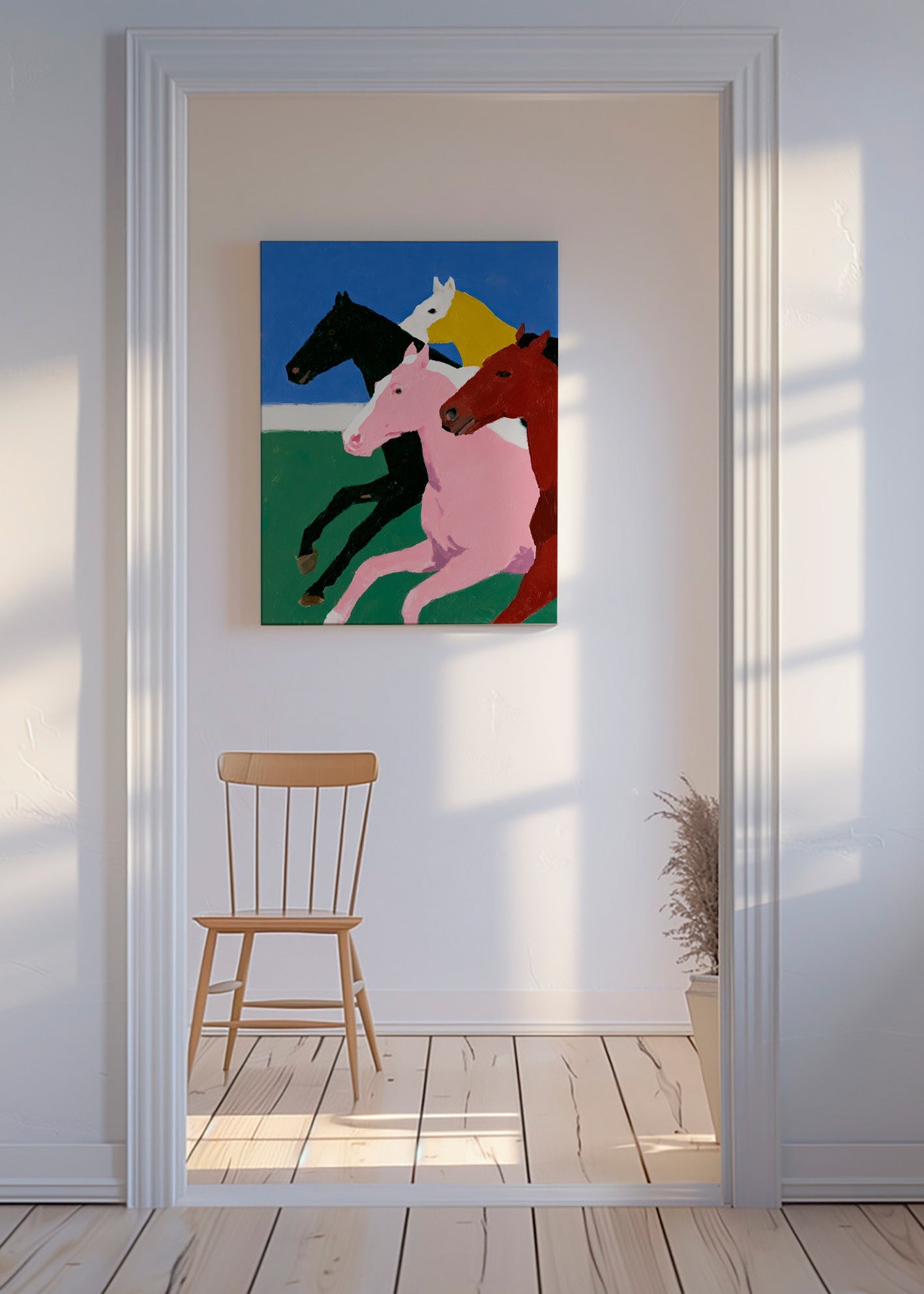 Œuvre quatre chevaux en course aux couleurs planas