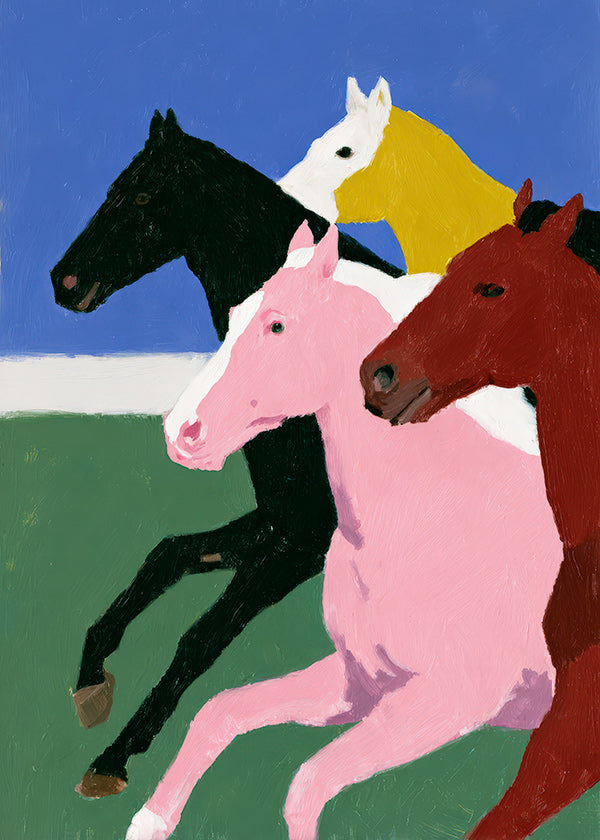 Œuvre quatre chevaux en course aux couleurs planas