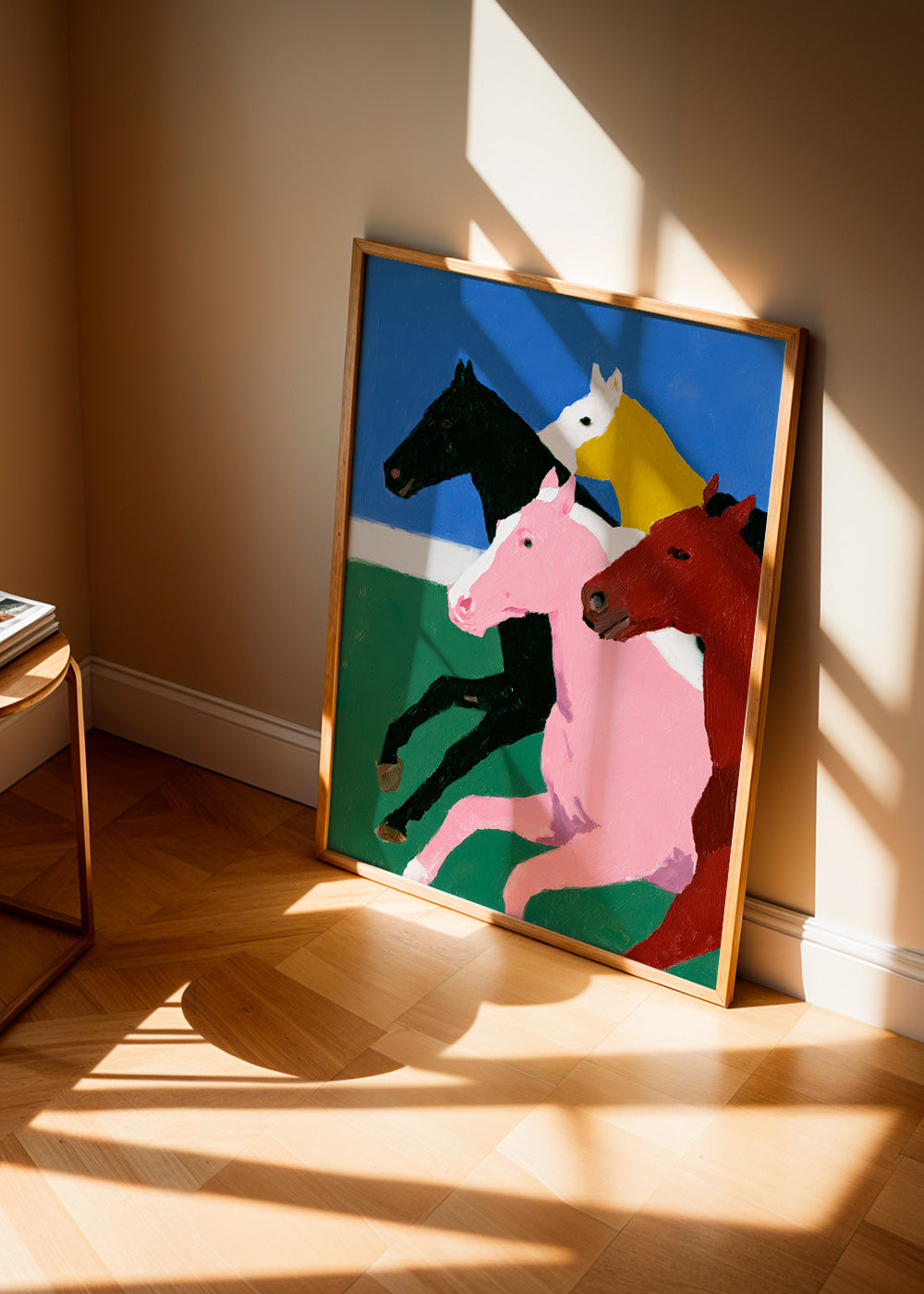 Œuvre quatre chevaux en course aux couleurs planas