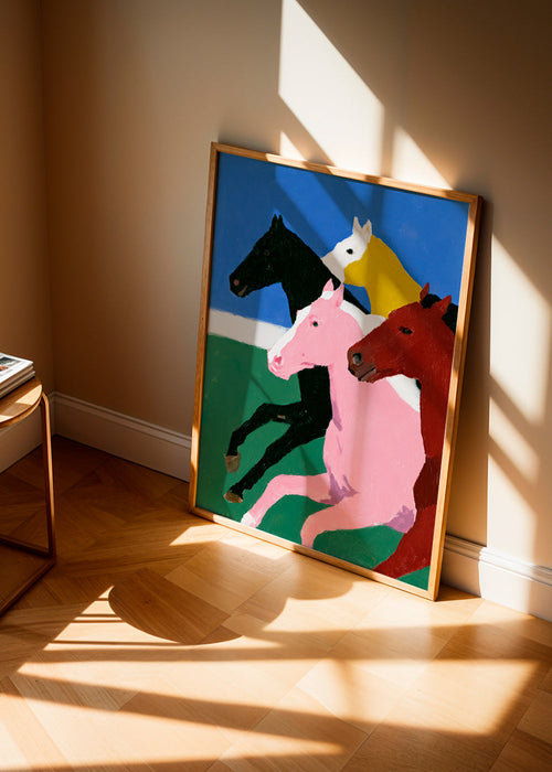 Œuvre quatre chevaux en course aux couleurs planas