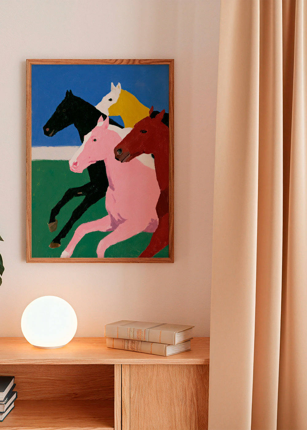 Œuvre quatre chevaux en course aux couleurs planas