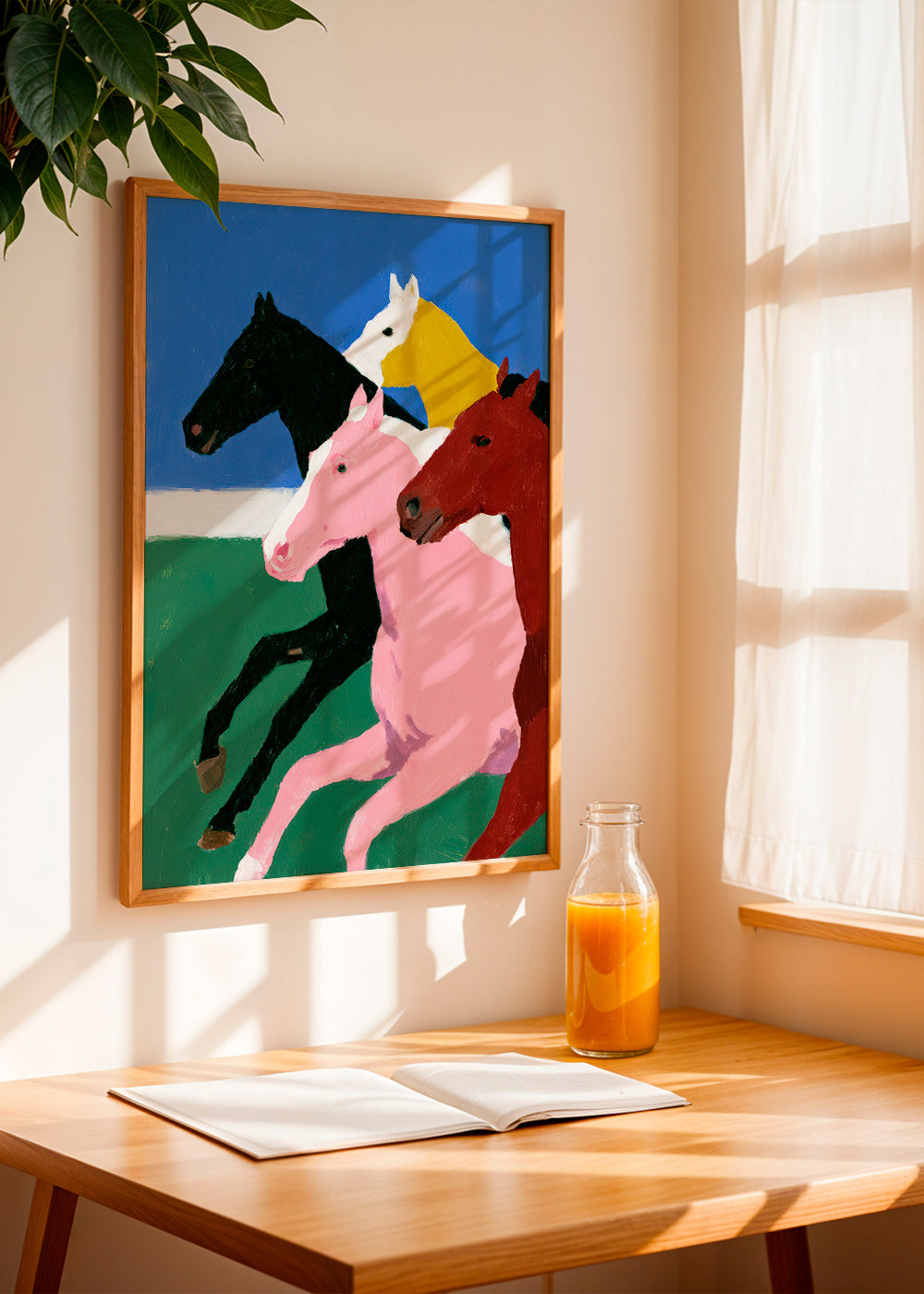 Œuvre quatre chevaux en course aux couleurs planas
