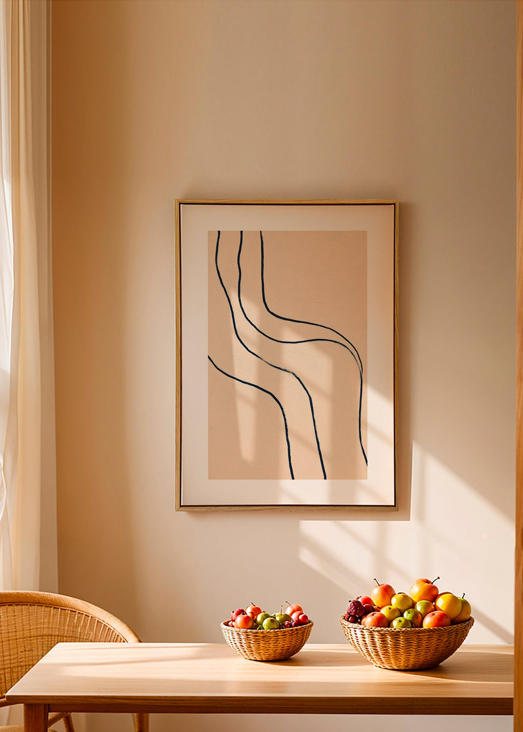 Tableau minimaliste à lignes fluides sur beige
