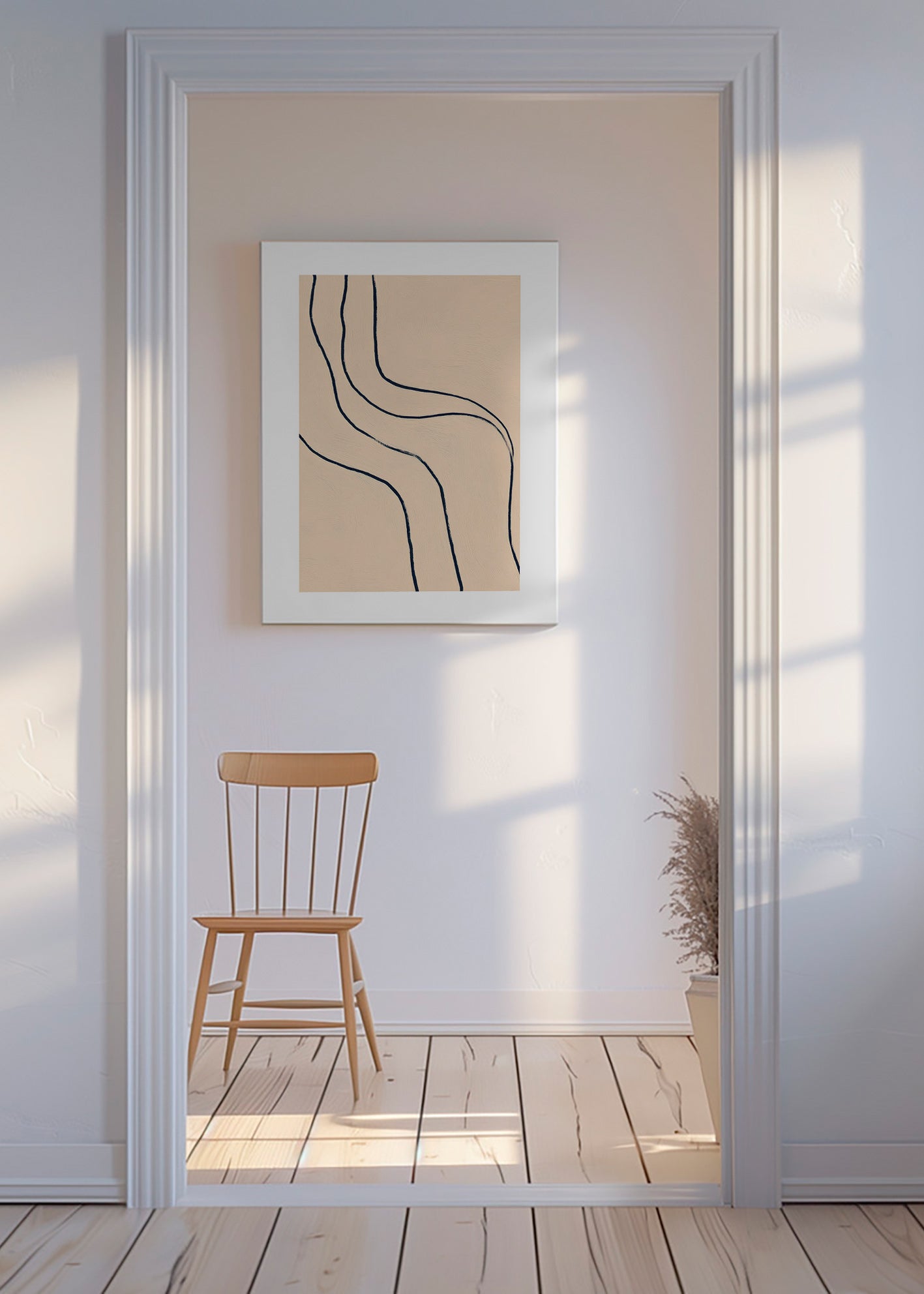 Tableau minimaliste à lignes fluides sur beige