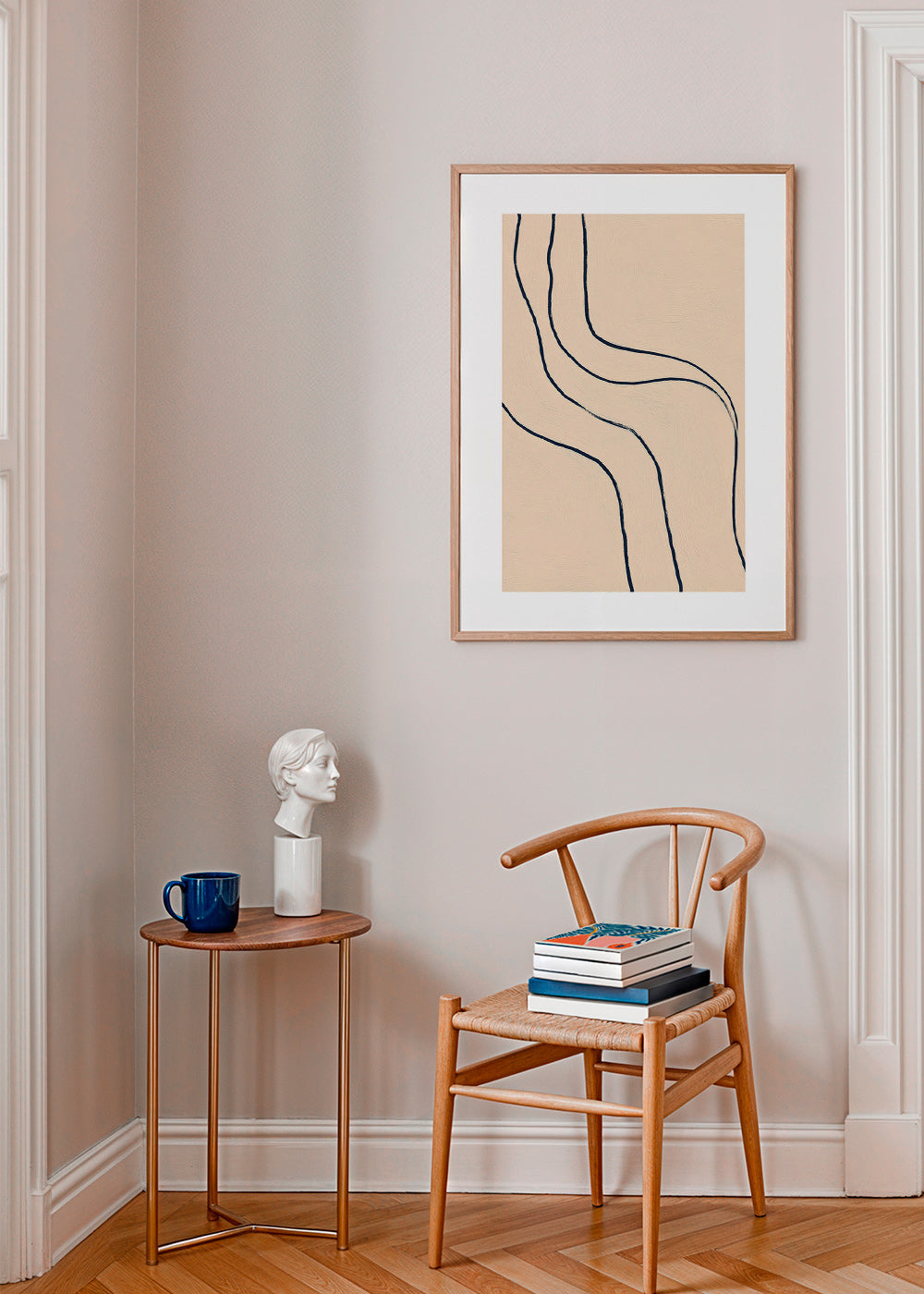 Tableau minimaliste à lignes fluides sur beige